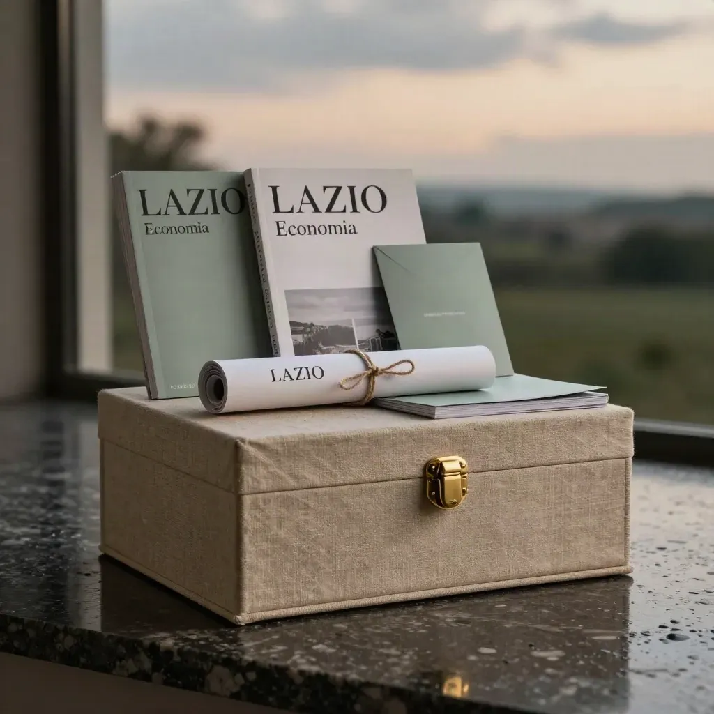 Kit abbonamento Lazio Economia su pietra bagnata con scatola in lino e volumi-report.