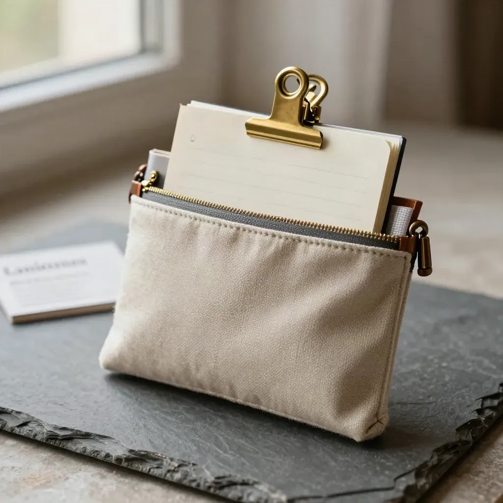 Astuccio canvas con appunti, clip in ottone e fascetta di carta su sfondo grigio ardesia.