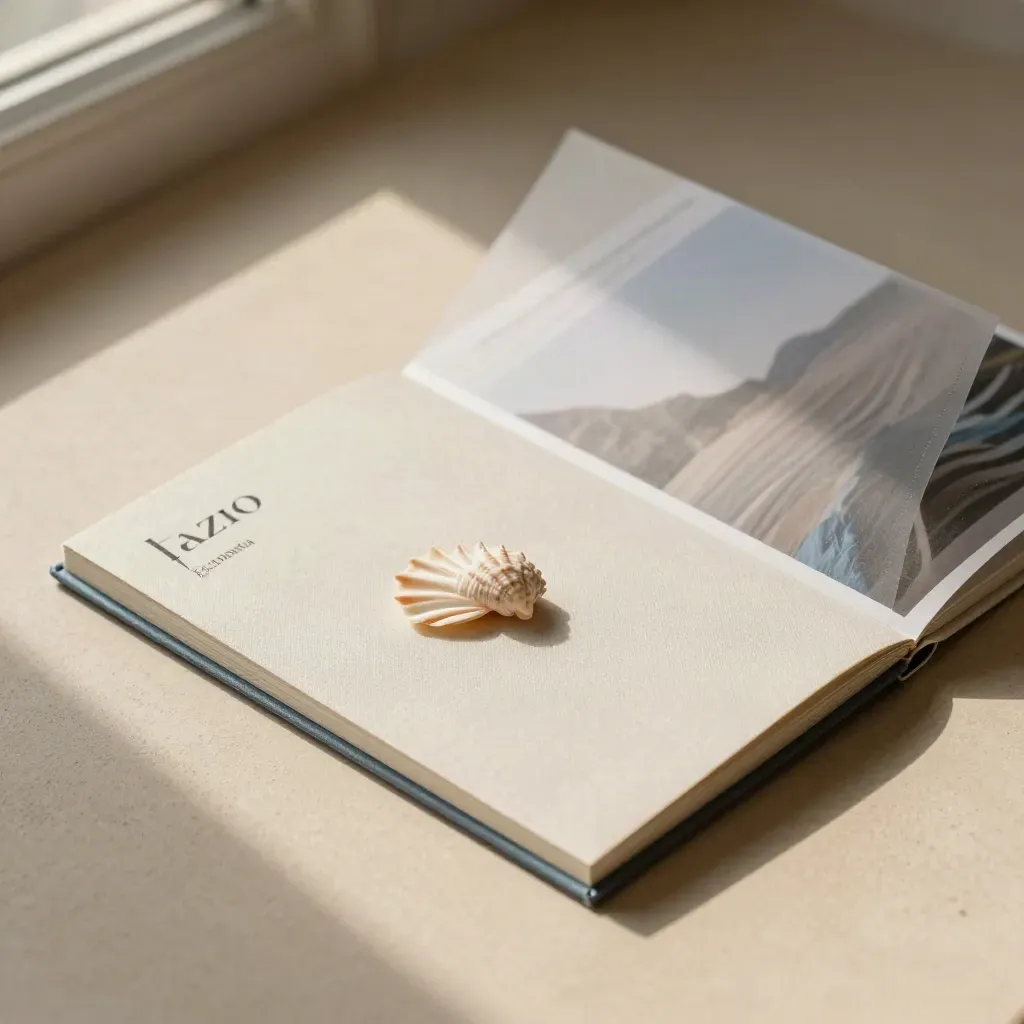Dossier turismo Lazio con libretti neutri, custodia liscia e frammento di conchiglia su intonaco sabbia.