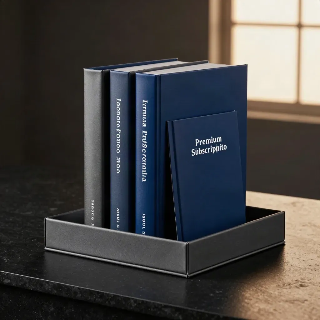 Torre editoriale lucida con volumi e fascicoli su base nera, illuminata da riflessi blu.