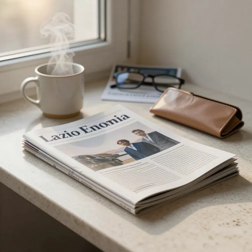 Bundle di newsletter mattutina con tazza in ceramica e custodia occhiali su travertino.
