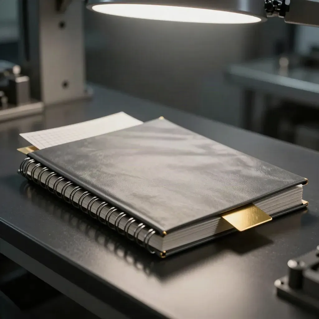 Dossier industriale grigio-metallo con inserto spiralato, card neutra e accenti oro su fondo nero.