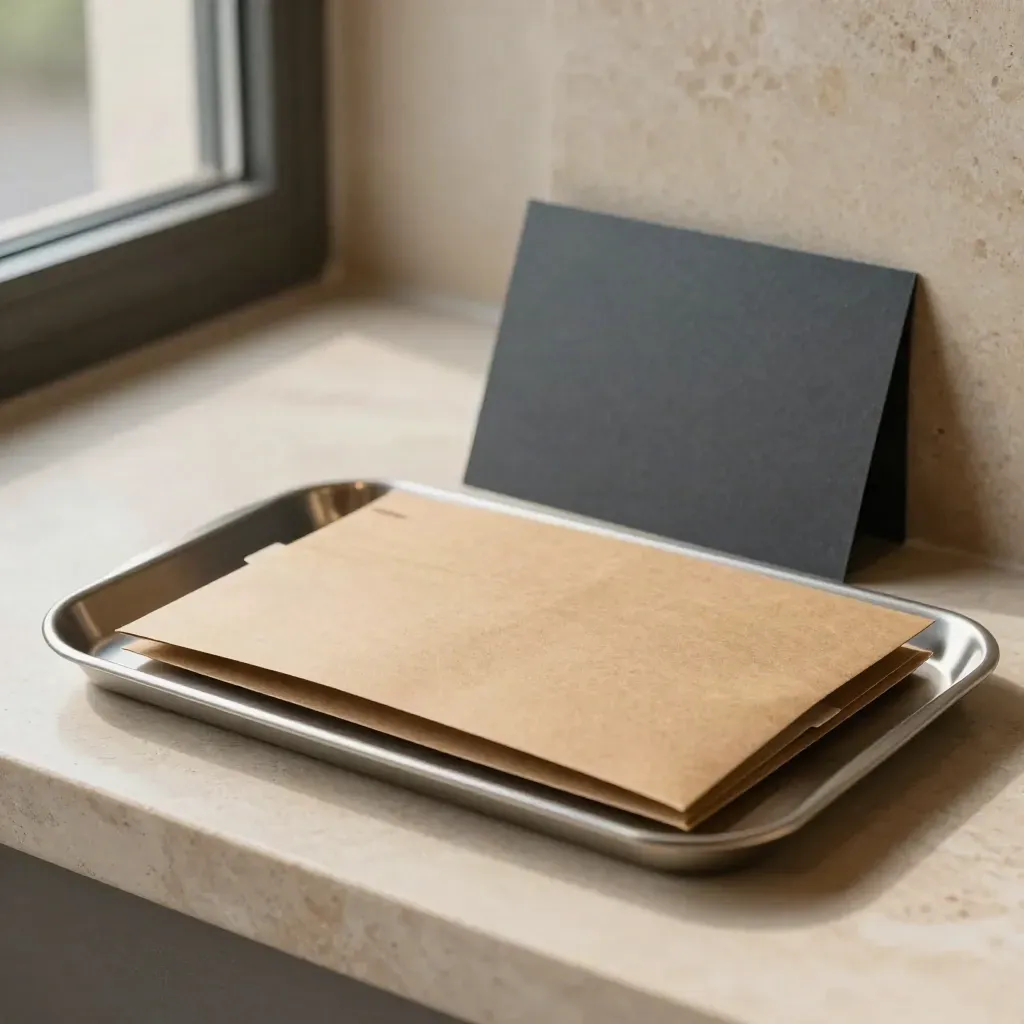 Pacchetto kraft per Gare Lazio su pietra chiara e vassoio metallico, look editoriale.