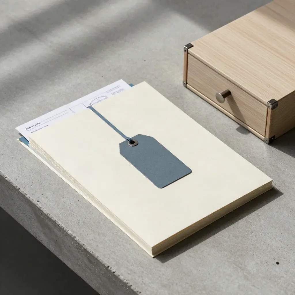 Flat lay con dossier export, grafici piegati, tag spedizione e tavoletta da cassa su cemento.