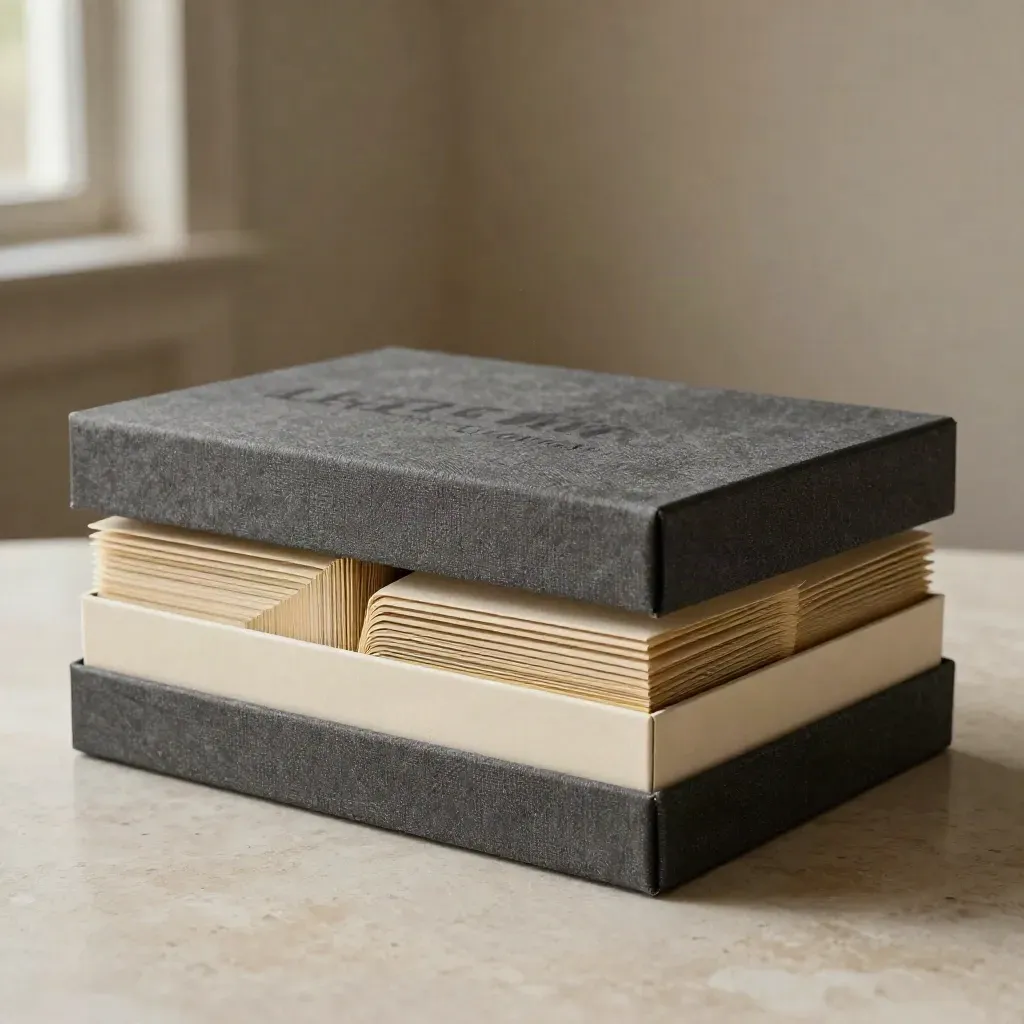 Box premium con dodici moduli sottili, fascia in lino e vassoio morbido su travertino chiaro.