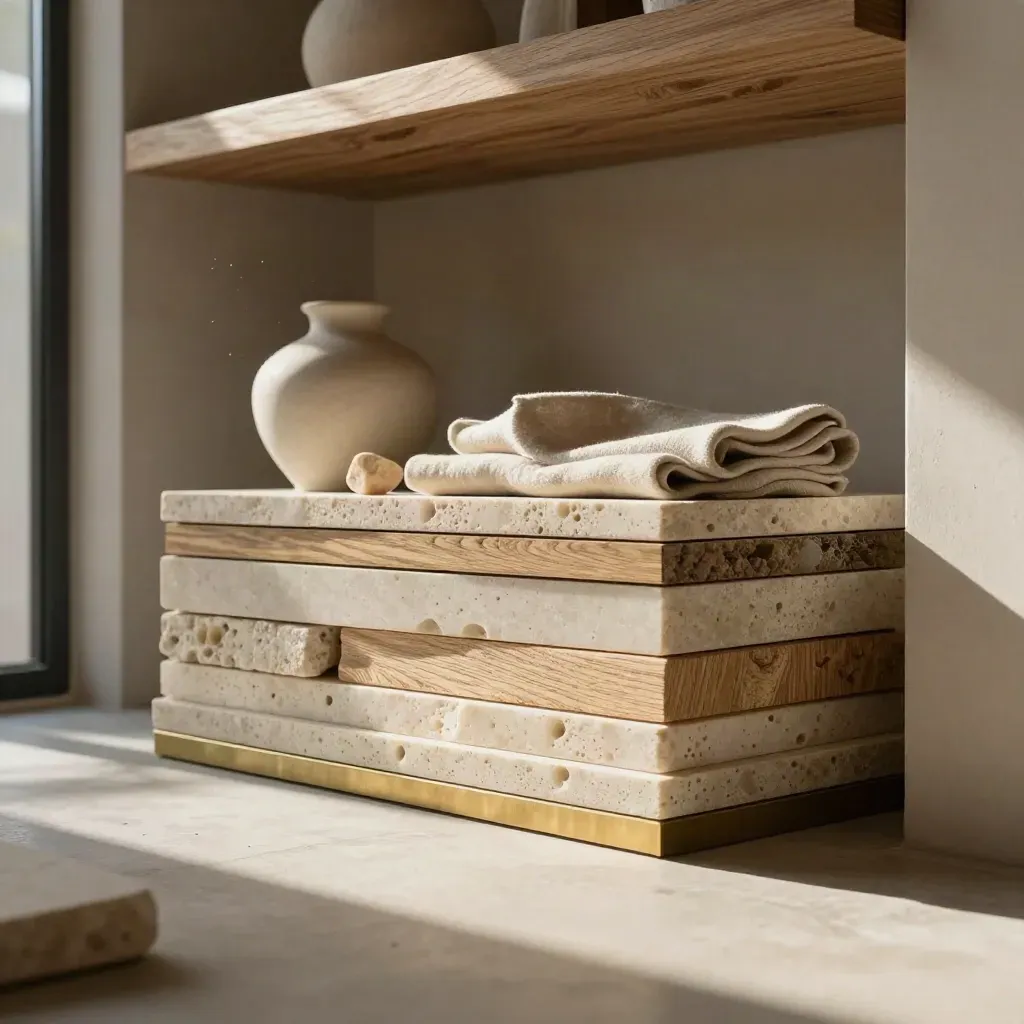 Interno luminoso con travertino, rovere e campioni materici, spazio vuoto per il testo.