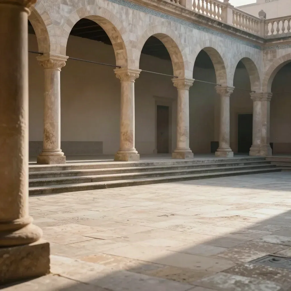 Cortile civico ad arcate in pietra, luce calda e spazio vuoto per il titolo.