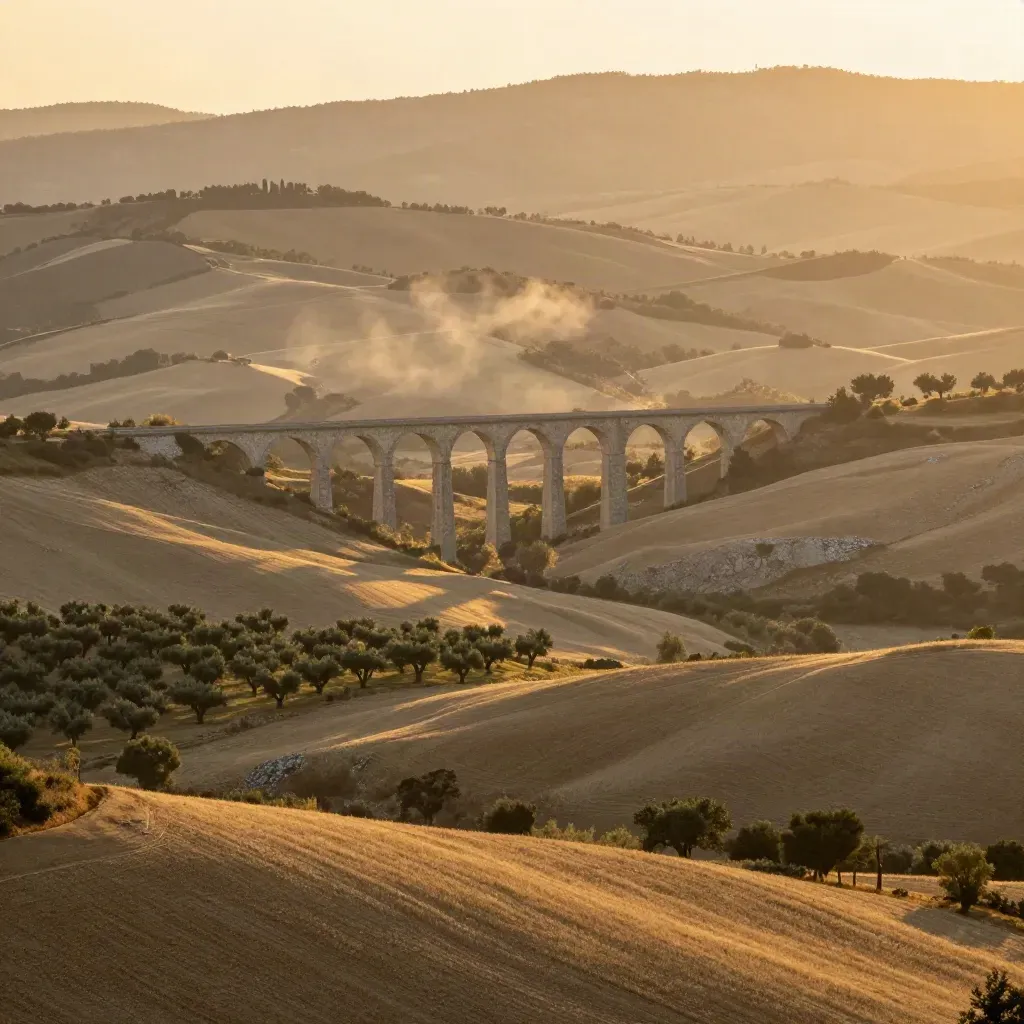 Viadotto al tramonto tra colline terrazzate e campi dorati nel Lazio